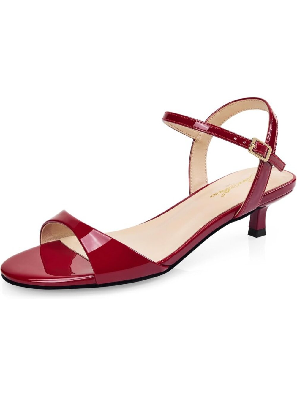 Women's Red Patent Round Open Toe 1.5 Inch Low Heels Ankle Strap Heel Sandals